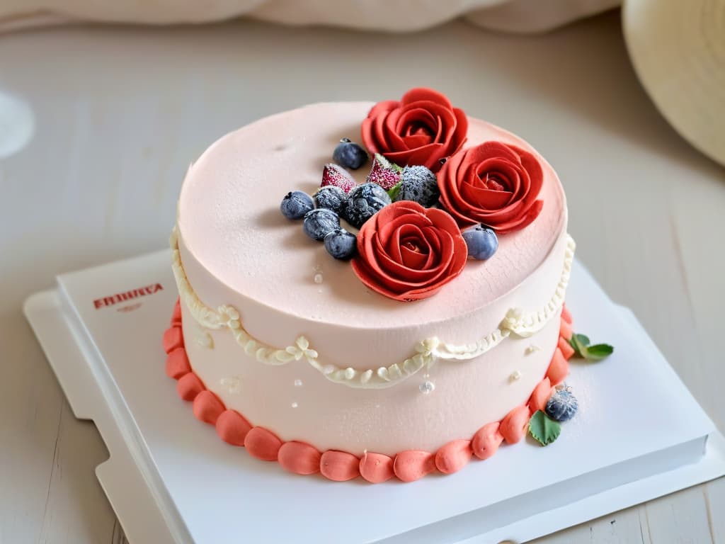  An ultradetailed closeup image of a delicate, handcrafted organic rose made of pastelhued icing, elegantly placed on top of a rustic, wooden cake decorated with fresh berries and edible flowers. The intricate details of the petals and the glistening dew drops on the sugary rose showcase the artistry and skill involved in Claire Ptak's organic pastry creations, evoking a sense of elegance and natural beauty. hyperrealistic, full body, detailed clothing, highly detailed, cinematic lighting, stunningly beautiful, intricate, sharp focus, f/1. 8, 85mm, (centered image composition), (professionally color graded), ((bright soft diffused light)), volumetric fog, trending on instagram, trending on tumblr, HDR 4K, 8K