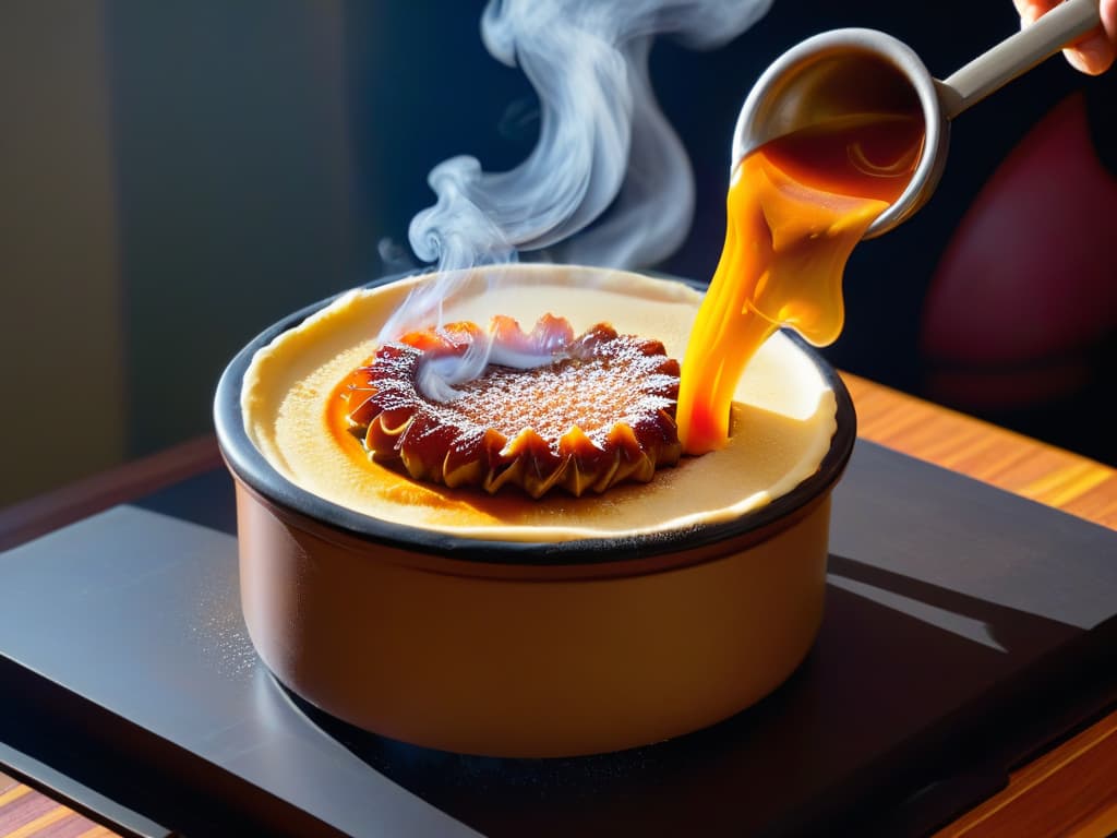  A closeup, ultradetailed image of a perfectly goldenbrown crème brûlée being torched to create a caramelized top, with wisps of smoke delicately rising, showcasing the precision and artistry involved in dessert making. hyperrealistic, full body, detailed clothing, highly detailed, cinematic lighting, stunningly beautiful, intricate, sharp focus, f/1. 8, 85mm, (centered image composition), (professionally color graded), ((bright soft diffused light)), volumetric fog, trending on instagram, trending on tumblr, HDR 4K, 8K