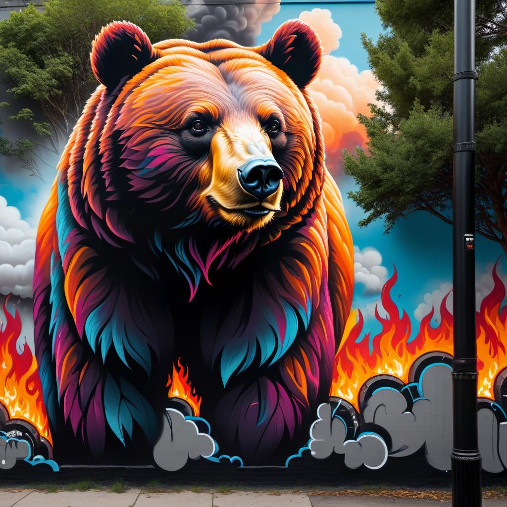  graffiti style bear, fire, trees, clouds . street art, vibrant, urban, detailed, tag, mural hyperrealistic, full body, detailed clothing, highly detailed, cinematic lighting, stunningly beautiful, intricate, sharp focus, f/1. 8, 85mm, (centered image composition), (professionally color graded), ((bright soft diffused light)), volumetric fog, trending on instagram, trending on tumblr, HDR 4K, 8K