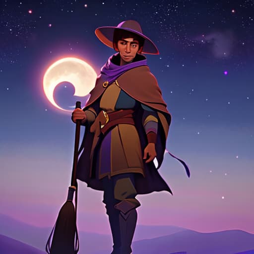  watercolor, storybook, child-book, A young Caucasian boy with brown hair wearing a purple magic hat and holding a red broom, night sky with a crescent moon and yellow stars in the background., best quality, very detailed, high resolution, sharp, sharp image hyperrealistic, full body, detailed clothing, highly detailed, cinematic lighting, stunningly beautiful, intricate, sharp focus, f/1. 8, 85mm, (centered image composition), (professionally color graded), ((bright soft diffused light)), volumetric fog, trending on instagram, trending on tumblr, HDR 4K, 8K