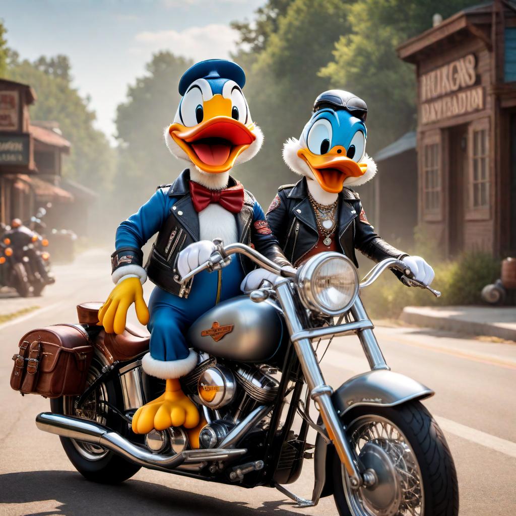  Donald Duck dressed like a biker, driving a Harley-Davidson motorcycle with Daisy Duck on the back dressed like a biker as well. They both look happy and adventurous. hyperrealistic, full body, detailed clothing, highly detailed, cinematic lighting, stunningly beautiful, intricate, sharp focus, f/1. 8, 85mm, (centered image composition), (professionally color graded), ((bright soft diffused light)), volumetric fog, trending on instagram, trending on tumblr, HDR 4K, 8K