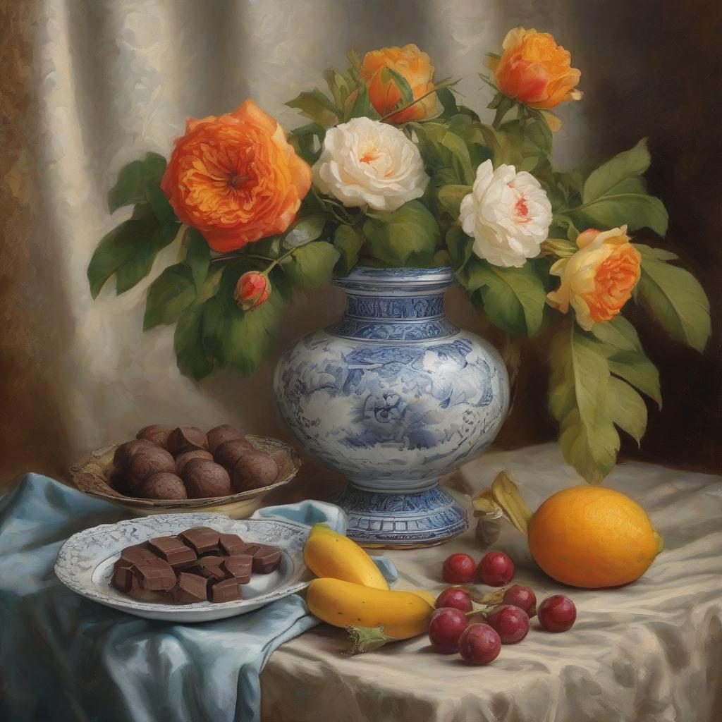  (Banana, orange, chocolate and pineapple next to a beautiful vase) standing on an antique table, (next to it is a vase with red roses), background, still life, Dutch painting 17th century, high brushstroke detail. hyperrealistic, full body, detailed clothing, highly detailed, cinematic lighting, stunningly beautiful, intricate, sharp focus, f/1. 8, 85mm, (centered image composition), (professionally color graded), ((bright soft diffused light)), volumetric fog, trending on instagram, trending on tumblr, HDR 4K, 8K