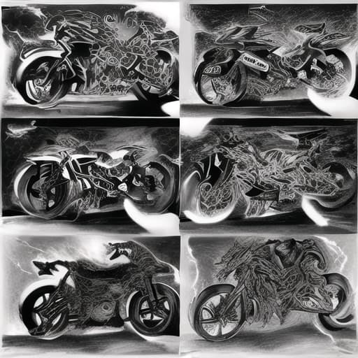  airbrush collage in black and white of dark technology references such as flames, lightning, wires, Satoshi Nakamoto written out, motorcycles, computers