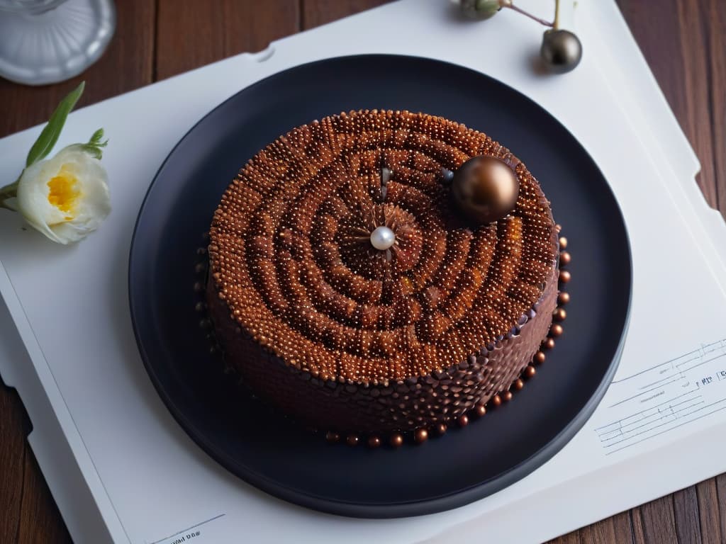  An ultradetailed, minimalist image of glossy chocolate caviar pearls delicately arranged on a sleek, black plate, showcasing the intricate texture and luxurious shine of each individual sphere. The pearls are perfectly round and vary in size, creating a visually striking pattern that exudes elegance and sophistication. The dark background enhances the contrast, making the chocolate pearls appear even more alluring and delectable. hyperrealistic, full body, detailed clothing, highly detailed, cinematic lighting, stunningly beautiful, intricate, sharp focus, f/1. 8, 85mm, (centered image composition), (professionally color graded), ((bright soft diffused light)), volumetric fog, trending on instagram, trending on tumblr, HDR 4K, 8K