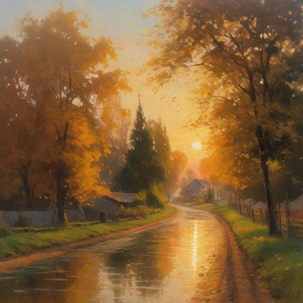  masterpiece, best quality,On a country road in the summer evening, the road was covered with golden leaves, and the leaves gave off a warm glow in the sunset. The weeping willows on both sides of the road looked down as if they were welcoming the children home. The small pond on the left reflected the color of the sky. The breeze blew and rippled. In the distance, the village houses looked particularly quiet in the sunset, and the smoke curled up as if welcoming the children home. Children's light footsteps, laughter echoed in the air, this is a picture full of life.