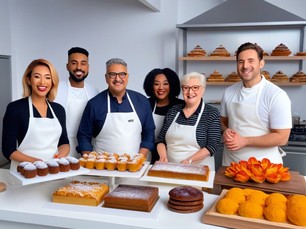  A photorealistic image of a diverse group of people with different ages and backgrounds, all joyfully baking and decorating a variety of delicious pastries in a bright, spacious kitchen. Each person is carefully handling the baking tools and ingredients with ease, showcasing adaptations and techniques for those with carpal tunnel syndrome. The atmosphere is warm and inviting, with colorful ingredients and beautifully crafted pastries displayed on the countertops. The image conveys a sense of inclusivity, skill, and creativity in the world of adapted baking. hyperrealistic, full body, detailed clothing, highly detailed, cinematic lighting, stunningly beautiful, intricate, sharp focus, f/1. 8, 85mm, (centered image composition), (professionally color graded), ((bright soft diffused light)), volumetric fog, trending on instagram, trending on tumblr, HDR 4K, 8K