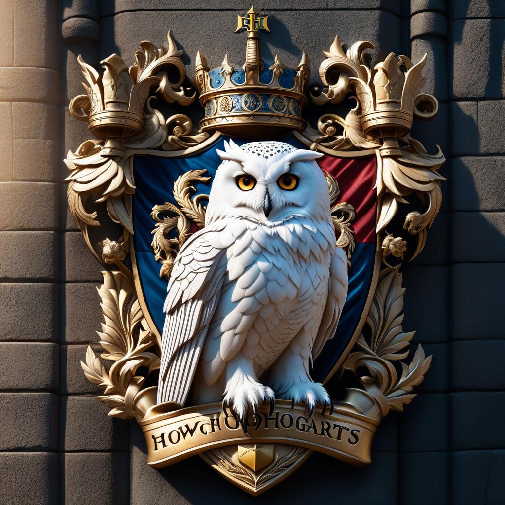  The coat of arms of Hogwarts. On the coat of arms is only a white owl drawn. hyperrealistic, full body, detailed clothing, highly detailed, cinematic lighting, stunningly beautiful, intricate, sharp focus, f/1. 8, 85mm, (centered image composition), (professionally color graded), ((bright soft diffused light)), volumetric fog, trending on instagram, trending on tumblr, HDR 4K, 8K