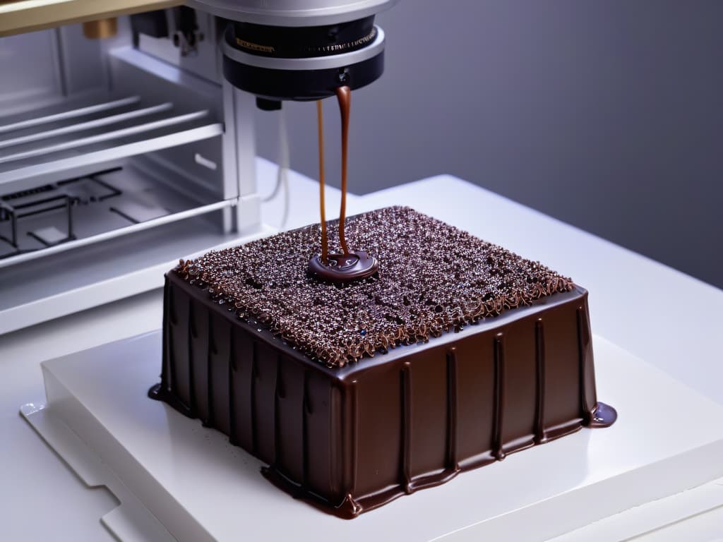  A highresolution, photorealistic image showcasing a sleek, stateoftheart 3D chocolate printer in action. The printer is intricately crafting a delicate and ornate chocolate sculpture, with molten chocolate elegantly flowing from the print head onto a pristine white plate. The background is softly blurred to emphasize the precision and artistry of the printing process, with warm studio lighting highlighting the glossy texture of the chocolate as it solidifies into a stunning edible masterpiece. hyperrealistic, full body, detailed clothing, highly detailed, cinematic lighting, stunningly beautiful, intricate, sharp focus, f/1. 8, 85mm, (centered image composition), (professionally color graded), ((bright soft diffused light)), volumetric fog, trending on instagram, trending on tumblr, HDR 4K, 8K