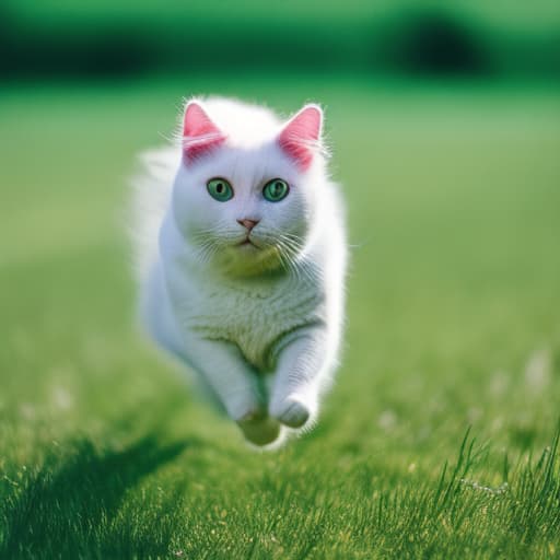 analog style cat running, mid-stride, sleek fur, agile, graceful, blurred motion, energetic,, outdoor setting, sunny day, green grass, blue sky, fluffy tail, expressive eyes.