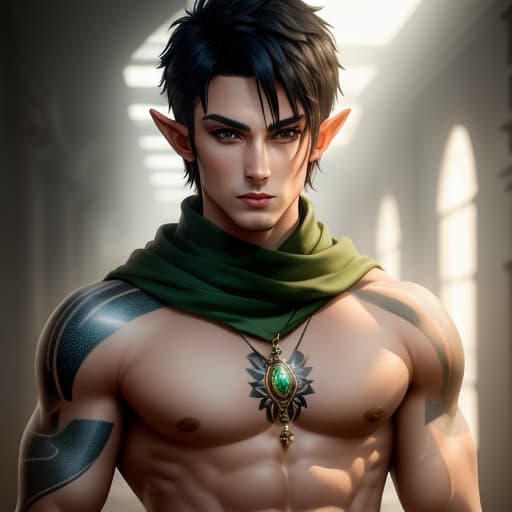  male half-elf with short black hair and green eyes and lots of tattos and has a swimer's build, hyperrealistic, high quality, highly detailed, perfect lighting, intricate, sharp focus, f/1. 8, 85mm, (centered image composition), (professionally color graded), ((bright soft diffused light)), trending on instagram, HDR 4K, 8K