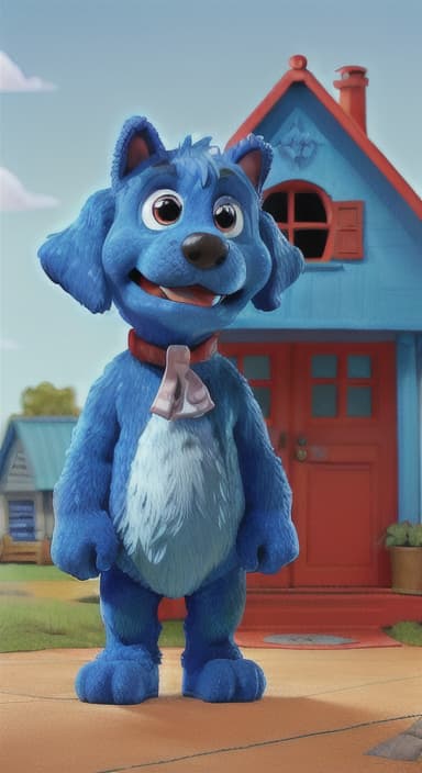  {Max the big blue dog standing in front of a cozy little house with a red door, The big blue dog is large with sky blue fur, big round eyes, a black nose, and floppy ears.