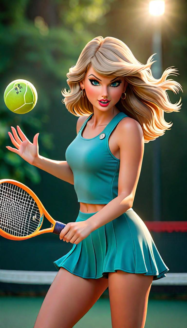  Professional 3D model of Taylor Swift swinging a Pickleball paddle wearing Pickleball gear . Rendered with Octane, the model is highly detailed,dramatic lighting. hyperrealistic, full body, detailed clothing, highly detailed, cinematic lighting, stunningly beautiful, intricate, sharp focus, f/1. 8, 85mm, (centered image composition), (professionally color graded), ((bright soft diffused light)), volumetric fog, trending on instagram, trending on tumblr, HDR 4K, 8K