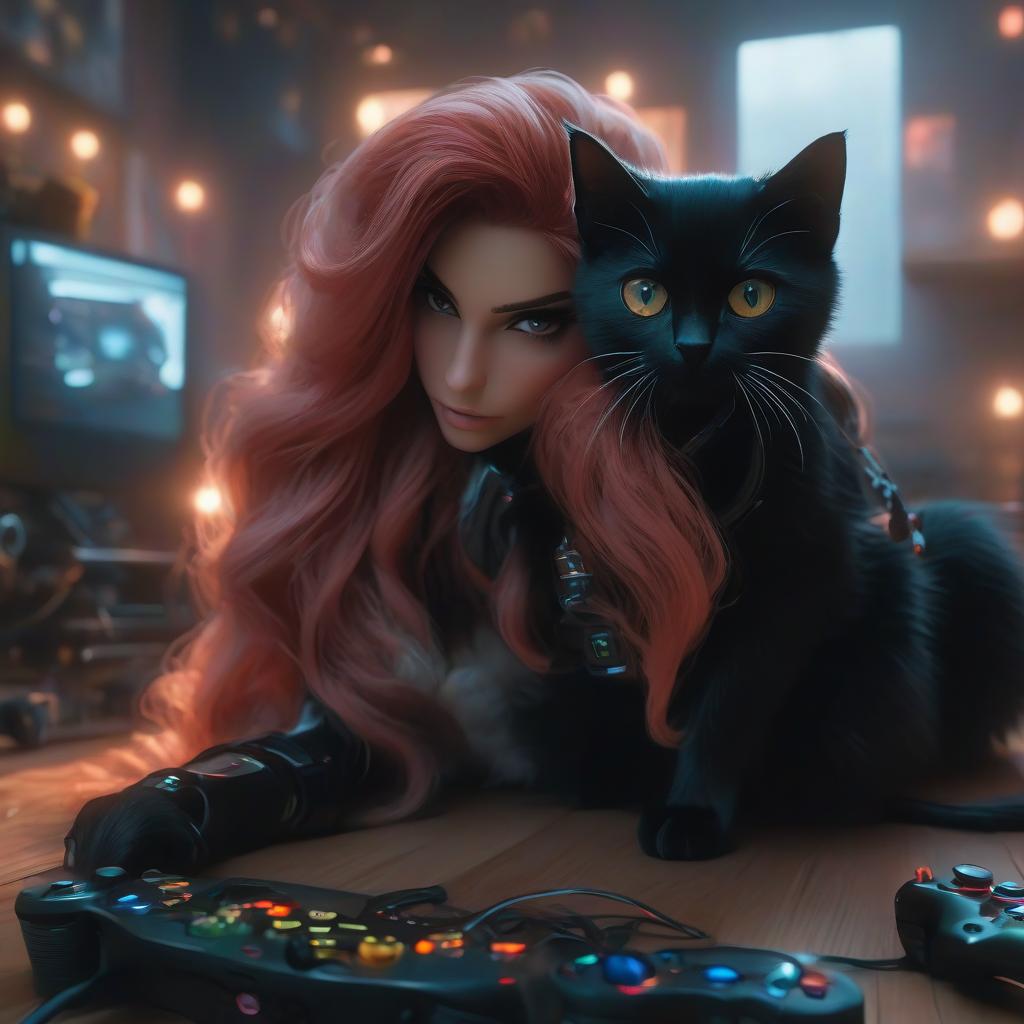  cinematic photo A girl, long red hair, sits in front of a computer, on the floor, a gamepad in her hand, a black kitten nearby. . 35mm photograph, film, bokeh, professional, 4k, highly detailed hyperrealistic, full body, detailed clothing, highly detailed, cinematic lighting, stunningly beautiful, intricate, sharp focus, f/1. 8, 85mm, (centered image composition), (professionally color graded), ((bright soft diffused light)), volumetric fog, trending on instagram, trending on tumblr, HDR 4K, 8K