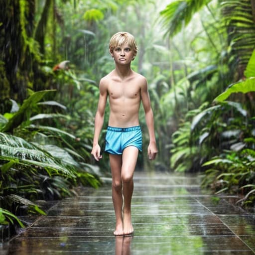  handsome thin graceful 12y blond boy walking barefoot through the rain forest, wearing only small skimpy trunks