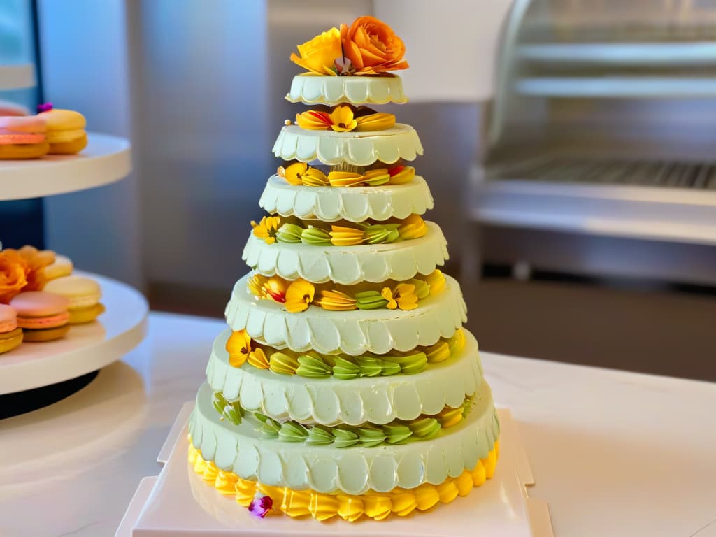  An intricately decorated macaron tower featuring an array of pastel colors, delicate piping work, and shimmering gold accents, displayed on a pristine white marble slab against a soft, blurred background of a French patisserie kitchen. Each macaron is meticulously crafted, showcasing precision and artistry, with tiny edible flowers delicately placed on top, exuding an air of elegance and expertise in French pastry craftsmanship. hyperrealistic, full body, detailed clothing, highly detailed, cinematic lighting, stunningly beautiful, intricate, sharp focus, f/1. 8, 85mm, (centered image composition), (professionally color graded), ((bright soft diffused light)), volumetric fog, trending on instagram, trending on tumblr, HDR 4K, 8K