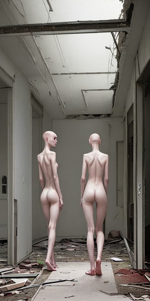  two-bald-girls, very thin, naked, with their backs, in an abandoned place