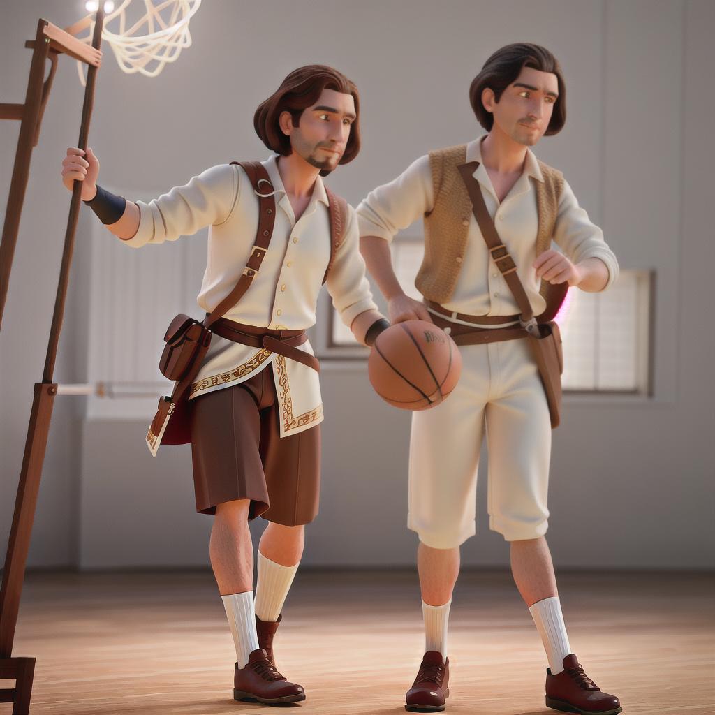  imagine: george washington playing basketball with jesus christ, photo realistic hyperrealistic, full body, detailed clothing, highly detailed, cinematic lighting, stunningly beautiful, intricate, sharp focus, f/1. 8, 85mm, (centered image composition), (professionally color graded), ((bright soft diffused light)), volumetric fog, trending on instagram, trending on tumblr, HDR 4K, 8K