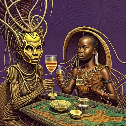  Alice and a African girl having a drink at a wild drinking party, stable diffusion, absolute reality v1.6, in the style of hr giger and moebius and jacek yerka