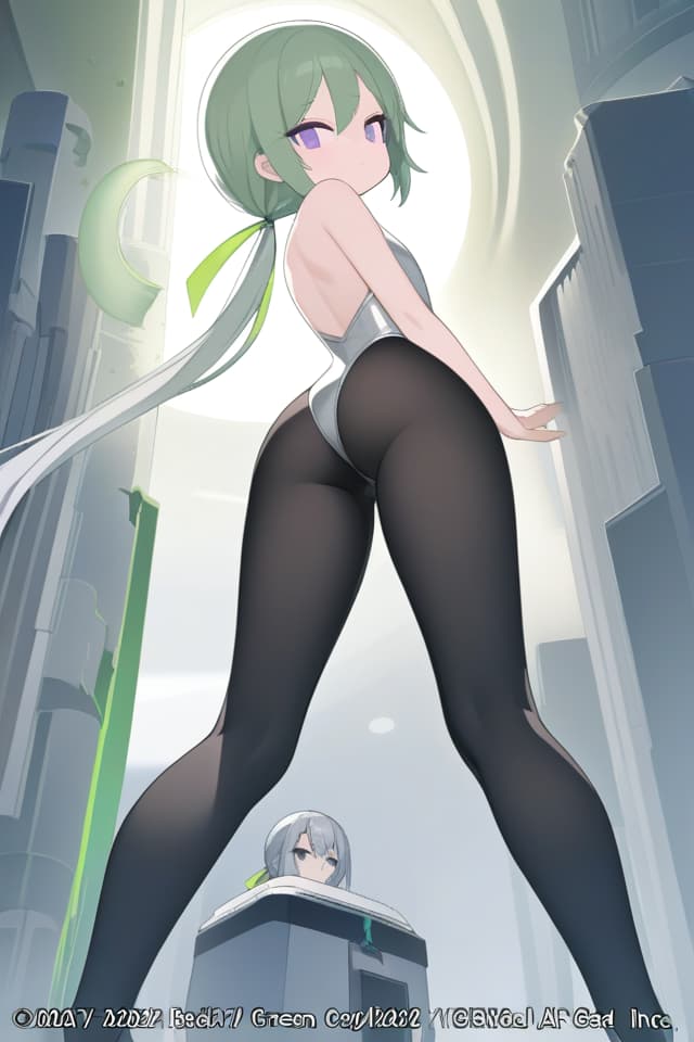  (Silver Color Low Ponytail: 1.2), BREAK, ((Cats Ear, Put a Big Green Color Ribbon on The Head: 1.4)), (Purple Eyes, JITOME: 1.4) ACK ONE Piece: 1.6)), BLACK TIGHTS, FROM BELOW, LOOKING BACK, (Absurdres, masterpieces, ultimate quality), official art, beauty, (diffusion lighting, environmental lighting), detailed skin textures, best shadows, extreme shadows Details, colorful, 8K Wallpaper, Raw Photoristic Detailed, Dutch Angle, 💩, 💩,