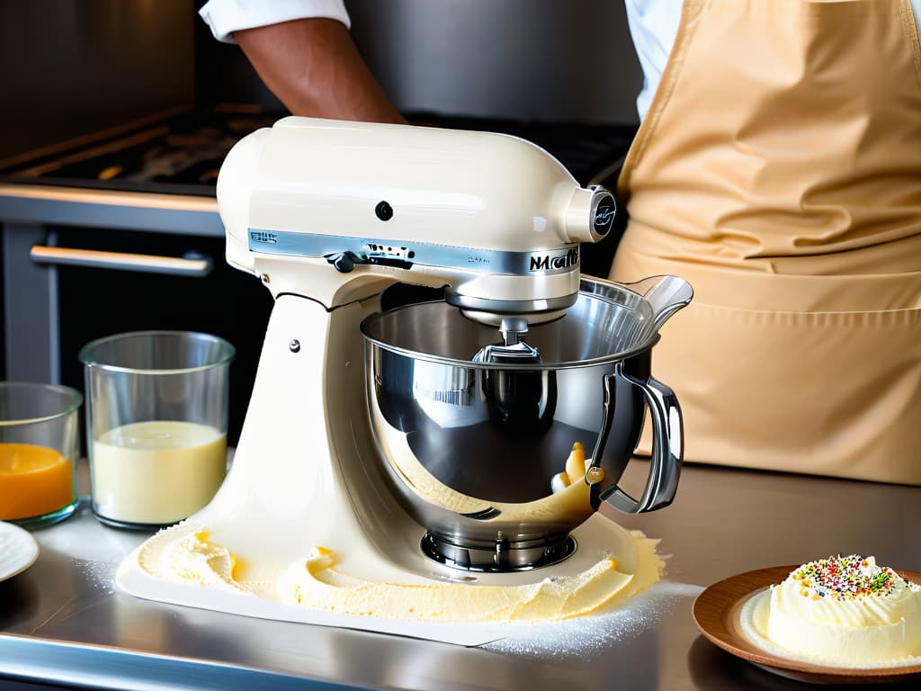  A closeup, ultradetailed image of a sleek, modern stand mixer in a professional kitchen setting, capturing the reflection of a skilled pastry chef in the glossy surface of the mixer. The chef's hands are deftly working with a bowl of fluffy cake batter, while various baking tools and ingredients are subtly arranged in the background, creating a harmonious and inspiring scene that embodies the essence of precision and creativity in pastry making. hyperrealistic, full body, detailed clothing, highly detailed, cinematic lighting, stunningly beautiful, intricate, sharp focus, f/1. 8, 85mm, (centered image composition), (professionally color graded), ((bright soft diffused light)), volumetric fog, trending on instagram, trending on tumblr, HDR 4K, 8K