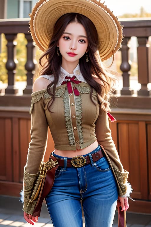  (:1.4), Cow , long wavy , wild west, cowboy hat, western town, jeans, masterpiece, (detailed face), (detailed clothes), f/1.4, ISO 200, 1/160s, 4K, unedited, symmetrical balance, in-frame, masterpiece, perfect lighting, (beautiful face), (detailed face), (detailed clothes), 1 , (woman), 4K, ultrarealistic, unedited, symmetrical balance, in-frame