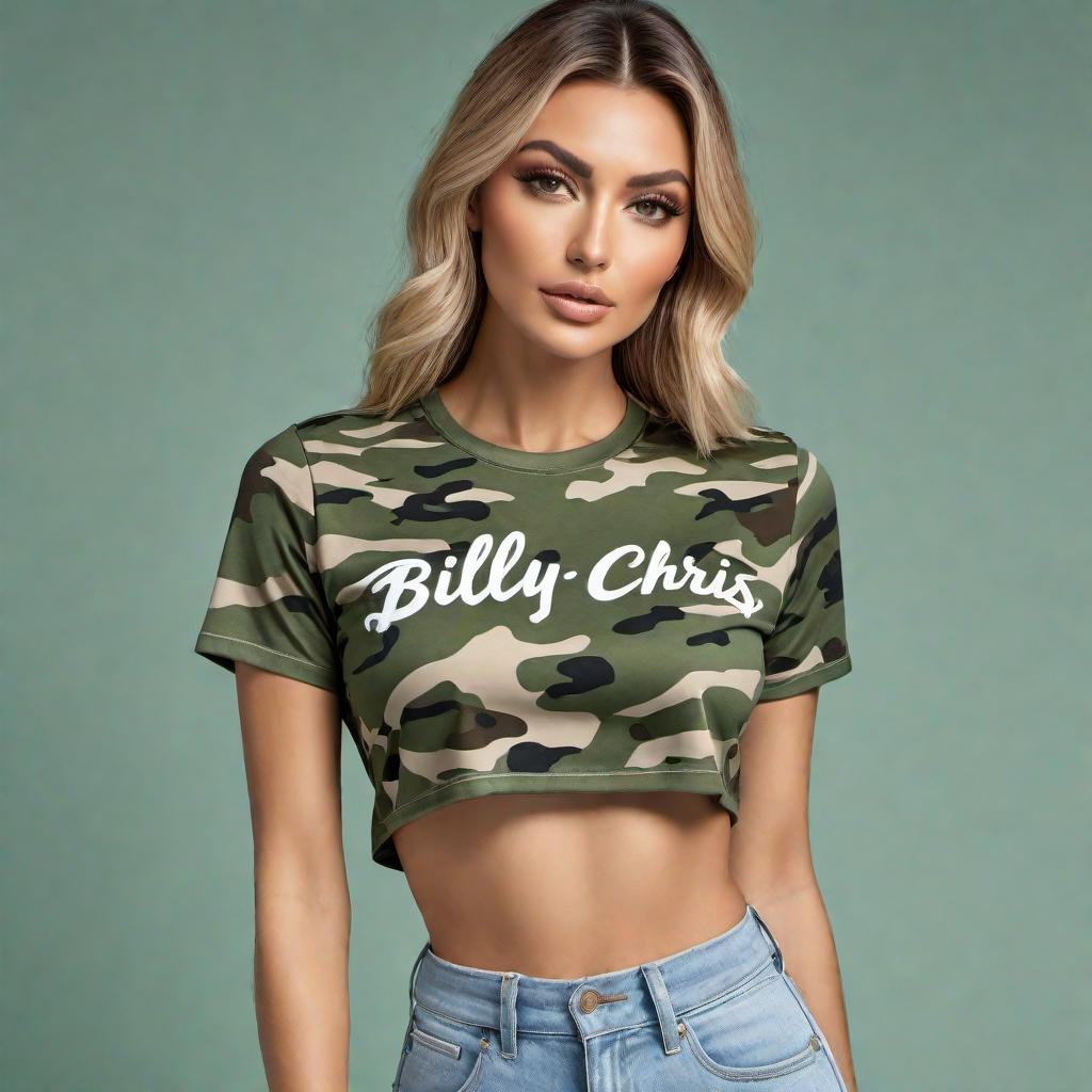  A crop top t-shirt in a green camo pattern with the text 'Billy Chris' in cursive font on the front. The shirt should be stylish and modern, displayed in a neutral studio setting. hyperrealistic, full body, detailed clothing, highly detailed, cinematic lighting, stunningly beautiful, intricate, sharp focus, f/1. 8, 85mm, (centered image composition), (professionally color graded), ((bright soft diffused light)), volumetric fog, trending on instagram, trending on tumblr, HDR 4K, 8K