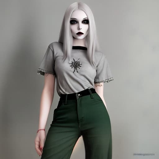  1girl, silver hair, green eyes, grey T-shirt, red saggy pants, Gothic makeup