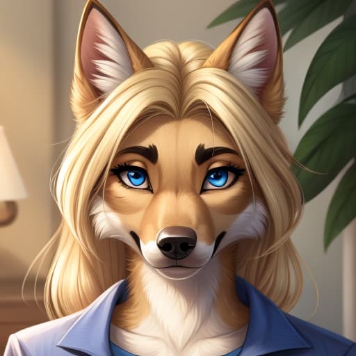  Anthro, Female, German Shepard, blue eyes, blond hair, open eyes, digital art, masterpiece, 4k, fine details,