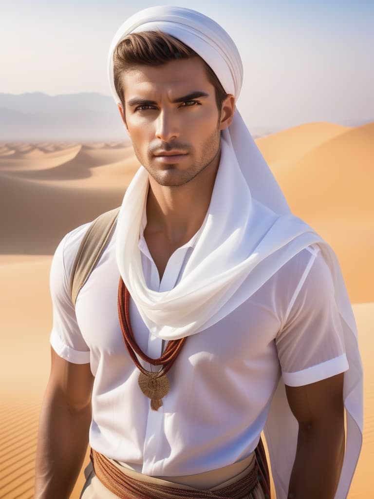  Half body portrait,Young handsome Male Tourist Trendy Casual Outfit tie a solid white casual Headscarf , wear casual dress standing in desert, look at to camera, cinematic lighting, stunningly beautiful, intricate, sharp focus, f/1. 8, 85mm, (professionally color graded), ((bright soft diffused light)), volumetric fog, trending on instagram, trending on tumblr, HDR 4K, 8K hyperrealistic, full body, detailed clothing, highly detailed, cinematic lighting, stunningly beautiful, intricate, sharp focus, f/1. 8, 85mm, (centered image composition), (professionally color graded), ((bright soft diffused light)), volumetric fog, trending on instagram, trending on tumblr, HDR 4K, 8K