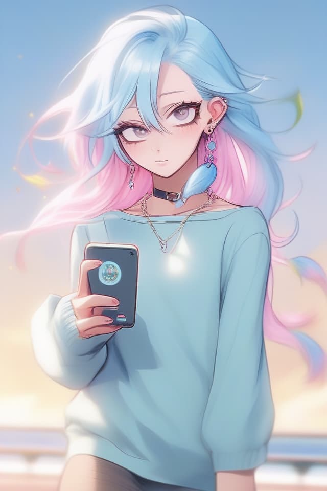  1girl,elf,Middle part or middle parting,light blue hair,pink earrings,narrow your eyes,ONE PIECE,cardigan,sneaker,smartphone in one hand,hair blowing in the wind,