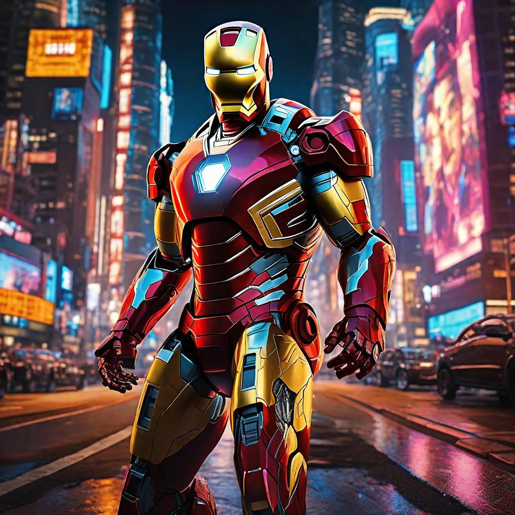  masterpiece, best quality, Best quality, masterpiece, 8k resolution, realistic, highly detailed, close up of Iron Man. In a cyberpunk-style night scene of the city, he stands on a street lined with tall buildings. The city's night lights are bright, The surrounding buildings and streets are filled with cyberpunk elements such as neon lights, high-tech devices, and futuristic architectural designs.