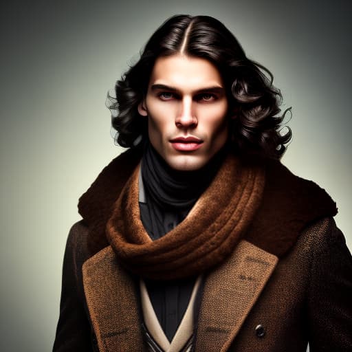 mdjrny-v4 style Portrait of a handsome man with crimson eyes, long black hair and light skin. Wearing a black coat with a brown scarf.