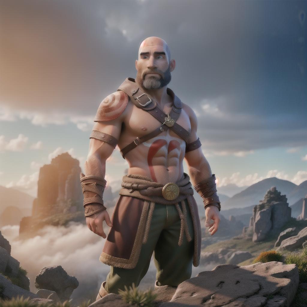  God of war hyperrealistic, full body, detailed clothing, highly detailed, cinematic lighting, stunningly beautiful, intricate, sharp focus, f/1. 8, 85mm, (centered image composition), (professionally color graded), ((bright soft diffused light)), volumetric fog, trending on instagram, trending on tumblr, HDR 4K, 8K