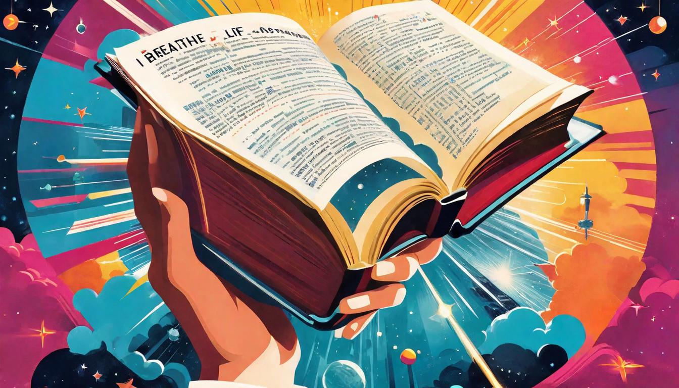  retro futuristic Open book with words lifting into the air, transforming into vibrant conversations, Encouragement of authenticity, Words breathe life, Engaging the profound, Text to reality, inviting deeper understanding lvintage sci fi, 50s and 60s style, atomic age, vibrant, highly detailed