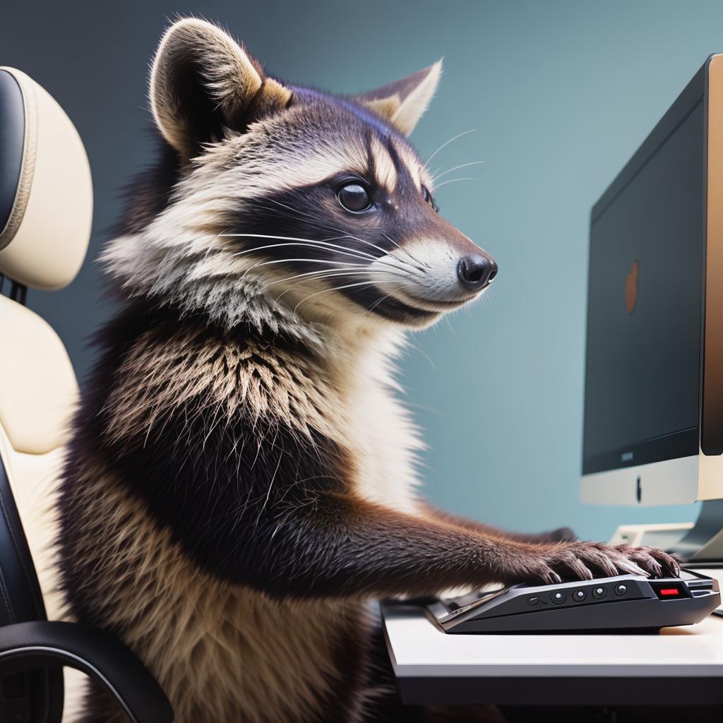  raccoon sitting in gaming chair front a computer on desktop, ((semi anthropomorphic)),(full body), tail, belly, sitting, fat, (chubby), (((white background))), solo, desktop, gaming chair, side view,  [[[clothes]]] hyperrealistic, full body, detailed clothing, highly detailed, cinematic lighting, stunningly beautiful, intricate, sharp focus, f/1. 8, 85mm, (centered image composition), (professionally color graded), ((bright soft diffused light)), volumetric fog, trending on instagram, trending on tumblr, HDR 4K, 8K