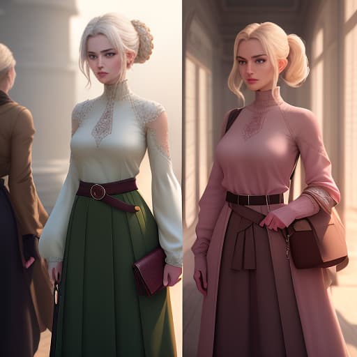  A character, front, side and back view, concept art, a young with short blond white hair, dark brown eyes, and a detached expression. a pink lightweight sweatshirt with loose sleeves, a dark green floor length with pleats, a brown belt bag, green herbs in her hands. fantasy, super detailed clothes, super detailed face, realistic hyperrealistic, full body, detailed clothing, highly detailed, cinematic lighting, stunningly beautiful, intricate, sharp focus, f/1. 8, 85mm, (centered image composition), (professionally color graded), ((bright soft diffused light)), volumetric fog, trending on instagram, trending on tumblr, HDR 4K, 8K