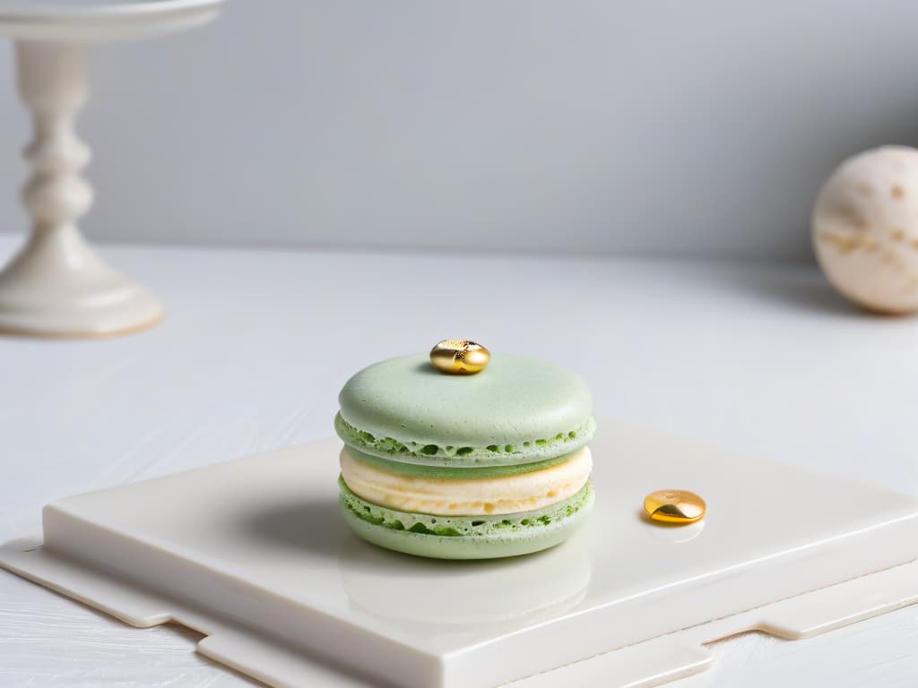  A stunning photorealistic image of a single, intricately designed macaron placed delicately on a pristine white porcelain plate. The macaron is perfectly formed, with a smooth, glossy surface in a soft pastel color, adorned with a delicate edible gold leaf. The plate sits on a marble countertop, emphasizing elegance and sophistication. The lighting is soft, creating subtle shadows that enhance the texture and details of the macaron. This image conveys the essence of minimalist elegance in pastry, showcasing the beauty of simplicity and highquality ingredients. hyperrealistic, full body, detailed clothing, highly detailed, cinematic lighting, stunningly beautiful, intricate, sharp focus, f/1. 8, 85mm, (centered image composition), (professionally color graded), ((bright soft diffused light)), volumetric fog, trending on instagram, trending on tumblr, HDR 4K, 8K