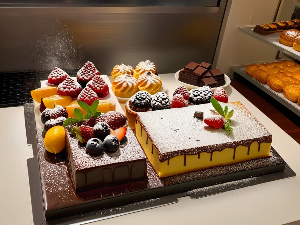  An ultradetailed, 8k image of a traditional Italian pasticceria showcasing an array of exquisite pastries and desserts on a marble countertop. The pastries are meticulously decorated with vibrant fruits, delicate chocolate drizzles, and dusted with powdered sugar. The setting is elegant and inviting, with soft natural light filtering through a nearby window, highlighting the textures and colors of each pastry. The attention to detail is impeccable, capturing the essence of Italian pastry craftsmanship and culinary artistry. hyperrealistic, full body, detailed clothing, highly detailed, cinematic lighting, stunningly beautiful, intricate, sharp focus, f/1. 8, 85mm, (centered image composition), (professionally color graded), ((bright soft diffused light)), volumetric fog, trending on instagram, trending on tumblr, HDR 4K, 8K