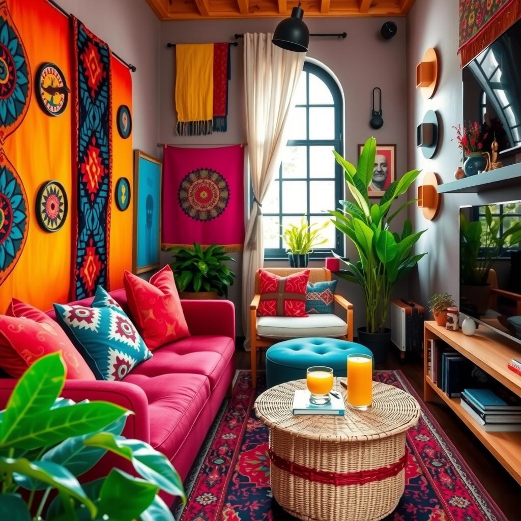  cozy boho living room featuring an eclectic mix of vibrant textiles, patterned throw pillows, a rattan coffee table, and lush indoor plants. the walls are adorned with colorful tapestries and art, with warm lighting creating an inviting atmosphere. showcase an effortless blend of styles and a laid back, artistic vibe.,