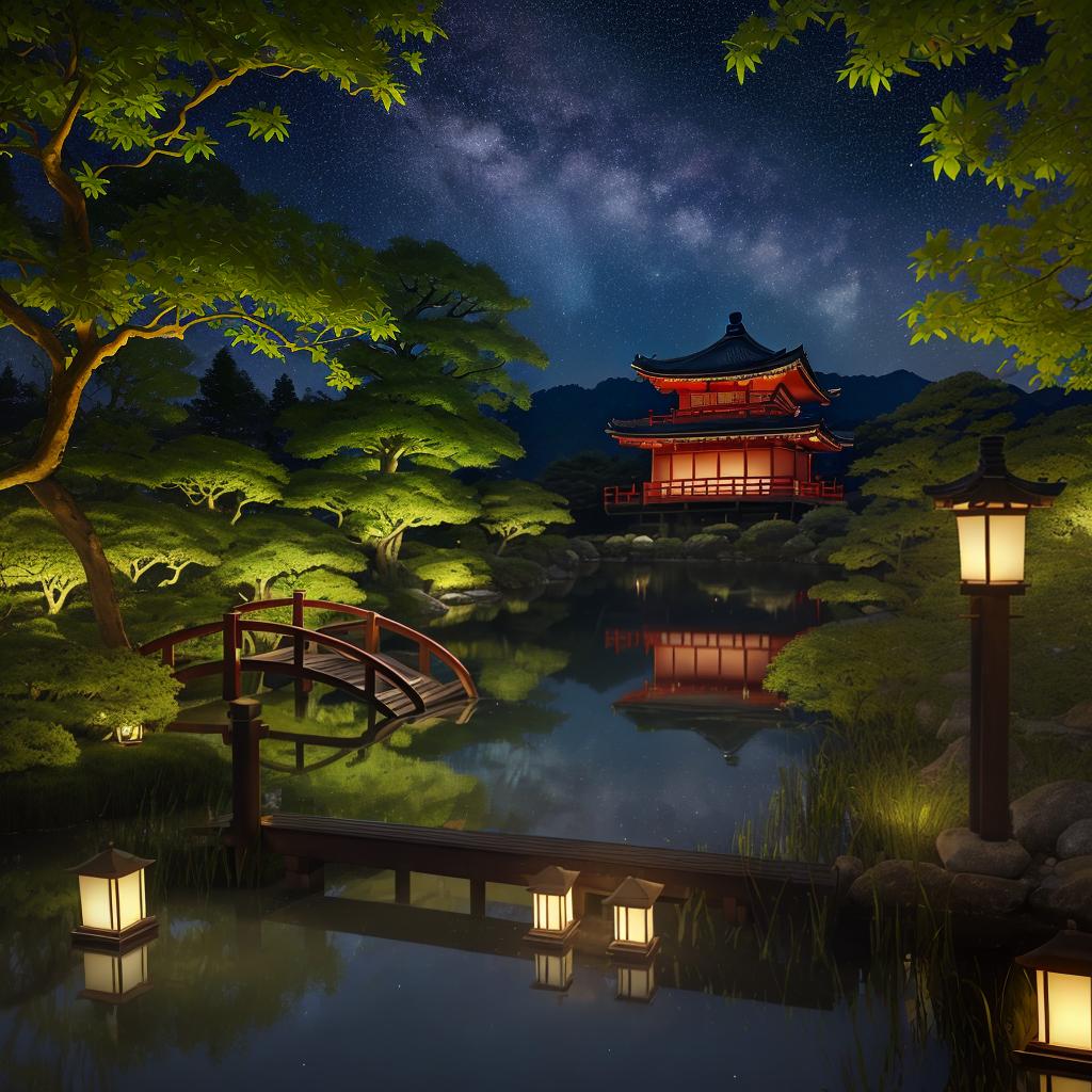  masterpiece, best quality, (Fidelity: 1.4), Best Quality, Masterpiece, Ultra High Resolution, 8k resolution, A night view inspired by Japanese art, featuring a garden illuminated by paper lanterns and a wooden bridge spanning a tranquil lake, by the lakeside, there is a small Zen temple. The water reflects the starry sky.