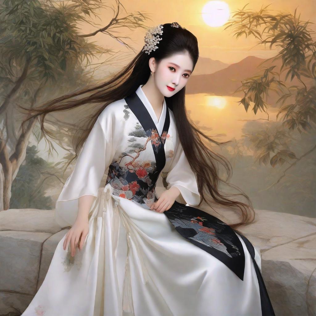  masterpiece, best quality,Help me generate a sunset screen, which contains beauty, beauty features are long legs, long hair, white face, black silk.