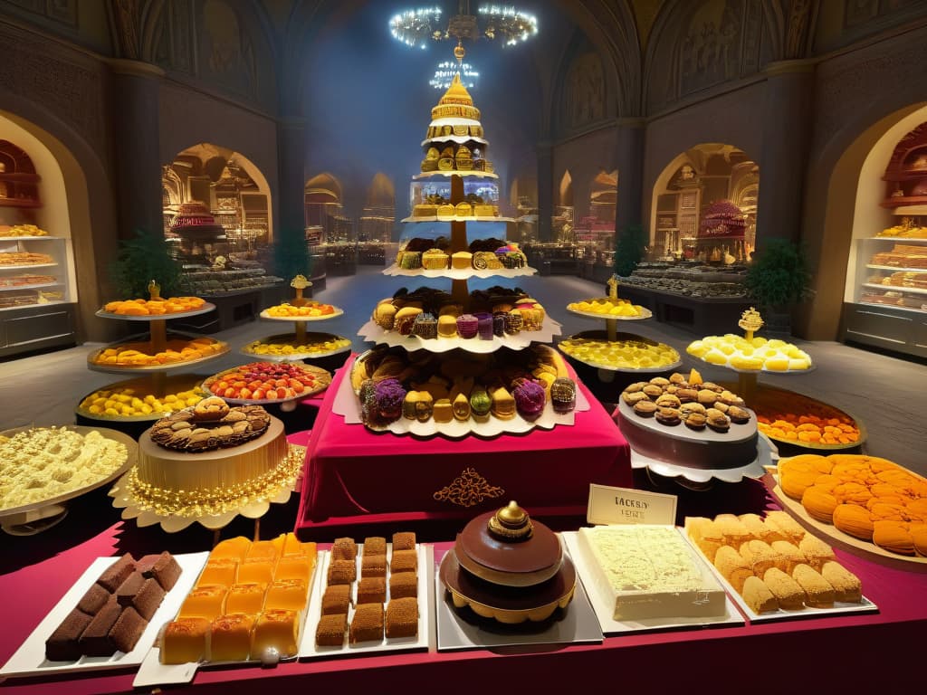  A photorealistic image of a grand banquet table overflowing with decadent historical desserts from various cultures and time periods, showcasing intricate cakes, colorful pastries, ornate sugar sculptures, and delicate confections. The table is set against a backdrop of a bustling ancient marketplace, with people in traditional attire browsing the stalls filled with exotic ingredients like spices, fruits, and nuts. The scene captures the essence of the importance of pastry in celebrations throughout history, with each dessert telling a story of its cultural significance and the craftsmanship behind its creation. hyperrealistic, full body, detailed clothing, highly detailed, cinematic lighting, stunningly beautiful, intricate, sharp focus, f/1. 8, 85mm, (centered image composition), (professionally color graded), ((bright soft diffused light)), volumetric fog, trending on instagram, trending on tumblr, HDR 4K, 8K