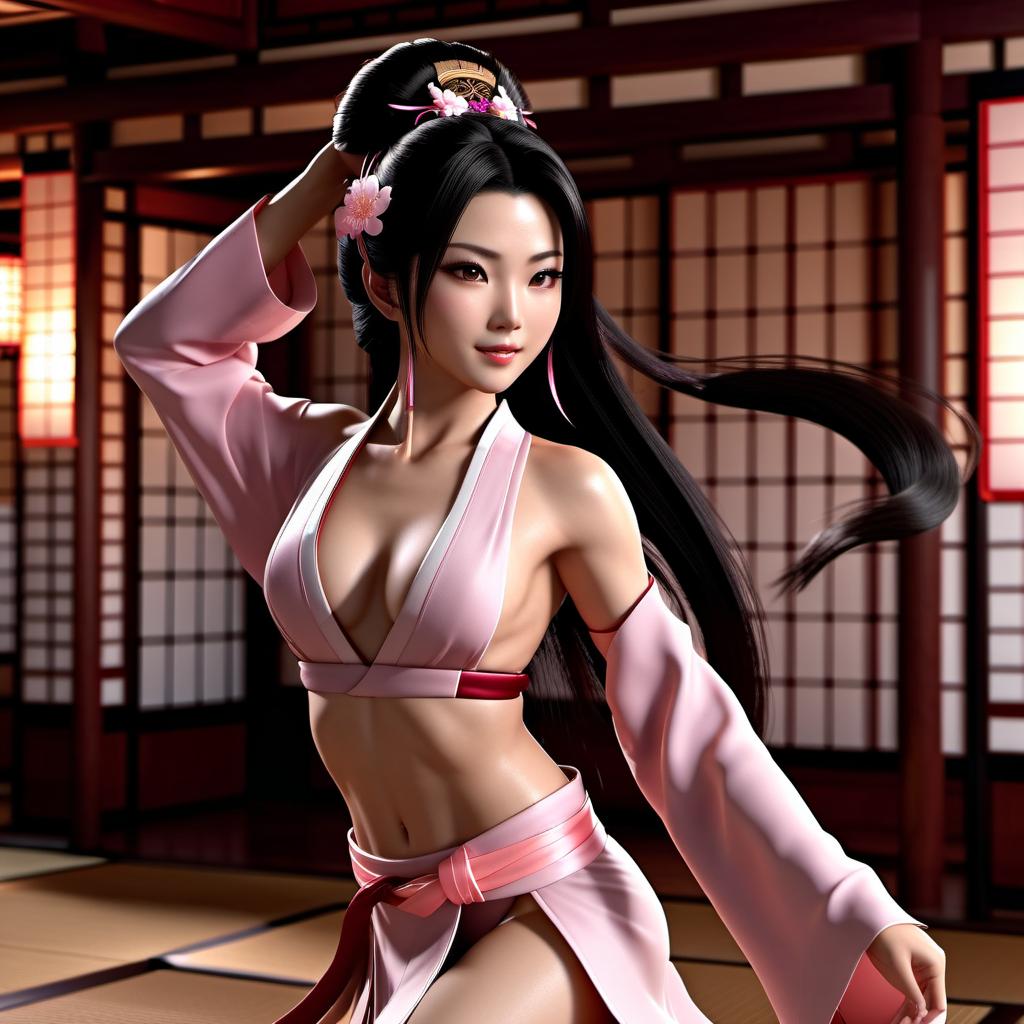  cinematic photo (extremely detailed CG octane render 8k wallpaper) tnaked asian woman dancing in a traditional japanese hall, highlighted long hair, anime style, ponytail, epic intricate scene, at full height body, with black hair, slight smile,, ((light-pink-nipples)), without clothes, (((topless))), pose, slender, slim waist, tanned skin, perfect symmetric eyes, gorgeous face, action pose, focus on face, (a action shot of a perfect eyes), dynamic pose, epic realistic, faded, complex stuff around, intricate landscape in the background, (Jim Henson's labyrinth), detailed illustration by MSchiffer, zoomed, hit definition, contrasting colors, RAW, 32k resolution, best quality, volumetric lighting, intricate details, very hig