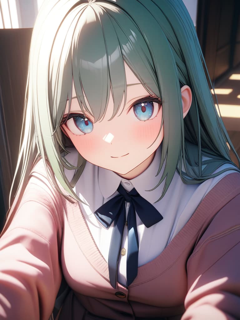  1girl,18yo,green hair,long hair,blue eyes,school uniform,light smile,3d,game cg,, masterpiece, best quality,8k,ultra detailed,high resolution,an extremely delicate and beautiful,hyper detail