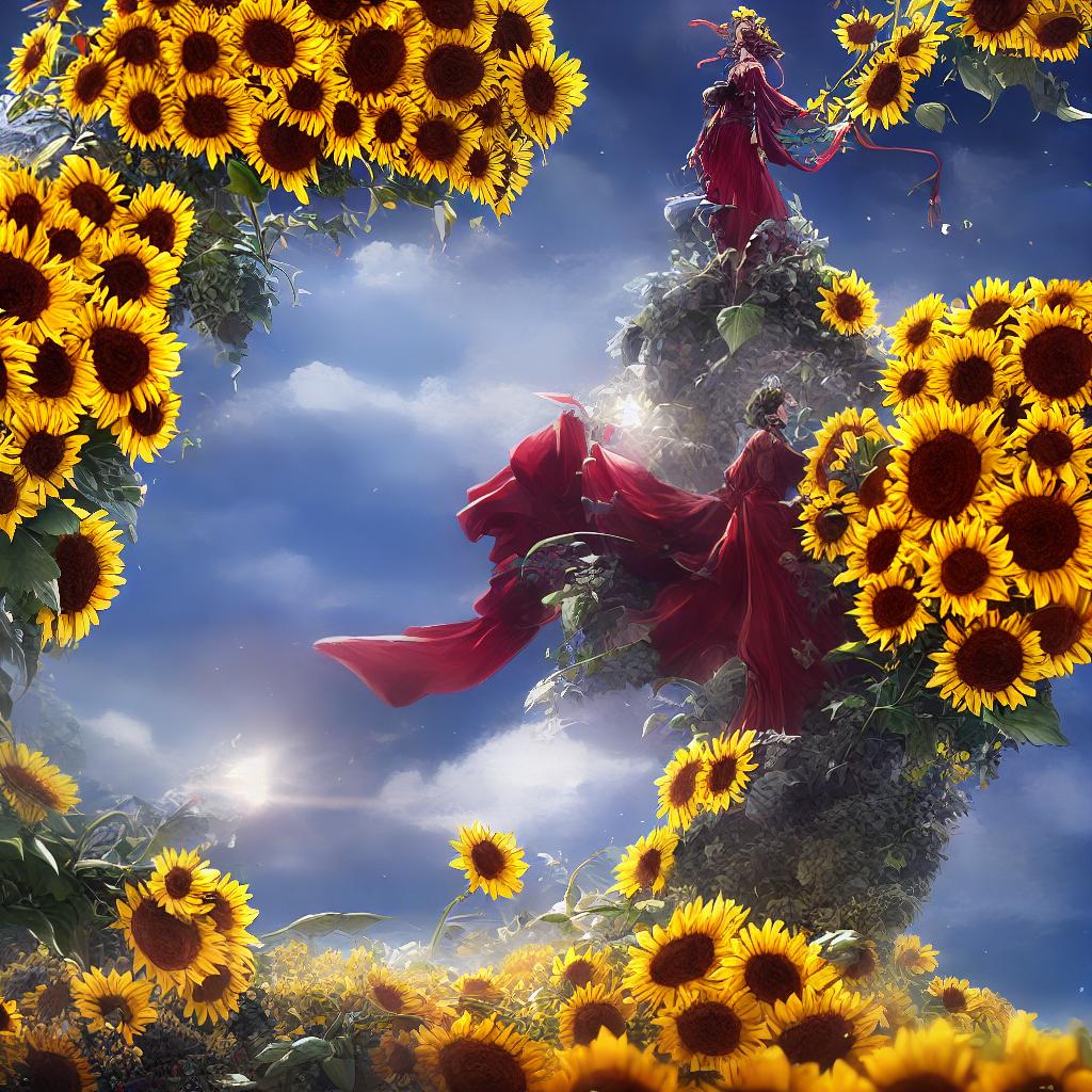  ((masterpiece)),(((best quality))), 8k, high detailed, ultra-detailed. A fat lady standing in a field, surrounded by colorful flowers, wearing a vibrant red dress, with a big smile on her face, (holding a bouquet of sunflowers), under a clear blue sky, with fluffy white clouds floating above. hyperrealistic, full body, detailed clothing, highly detailed, cinematic lighting, stunningly beautiful, intricate, sharp focus, f/1. 8, 85mm, (centered image composition), (professionally color graded), ((bright soft diffused light)), volumetric fog, trending on instagram, trending on tumblr, HDR 4K, 8K