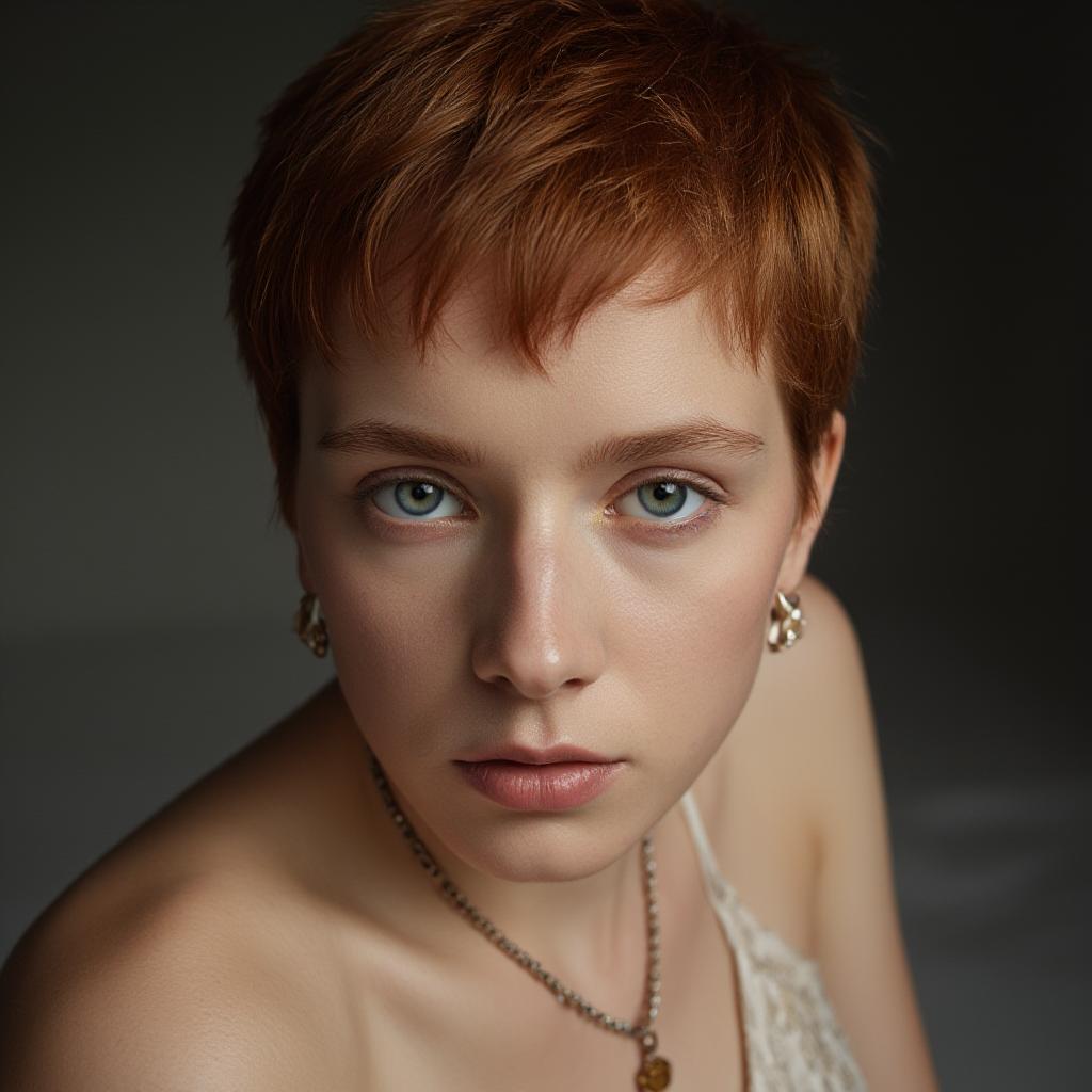  good quality, high quality, short redhead hair, pixie cut, freckles, beautiful symmetric eyes, filigree details, sharp focus, highly detailed skin texture, subsurface scattering, reflections, empty background, lipgloss, mascara, eyeshadow, round face, pale skin, full shot, from below, looking at viewer, blue eyes, gown, bracelet, earrings