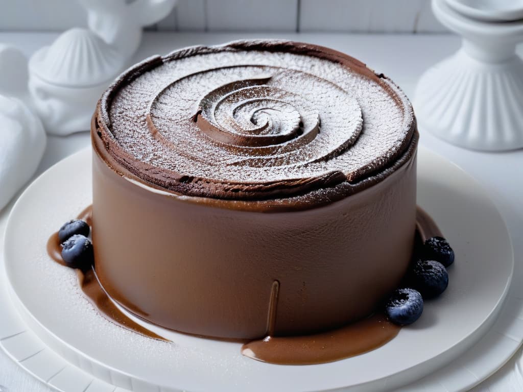  A closeup, ultradetailed image of a perfectly baked chocolate soufflé resting on a delicate white porcelain plate. The soufflé is beautifully risen, with a slight golden crust on top that glistens under a soft light. Wisps of steam rise elegantly from its fluffy, airy center, where rich chocolate swirls are visible. The plate sits on a pristine marble countertop, casting a subtle shadow that highlights the intricate texture of the soufflé. hyperrealistic, full body, detailed clothing, highly detailed, cinematic lighting, stunningly beautiful, intricate, sharp focus, f/1. 8, 85mm, (centered image composition), (professionally color graded), ((bright soft diffused light)), volumetric fog, trending on instagram, trending on tumblr, HDR 4K, 8K