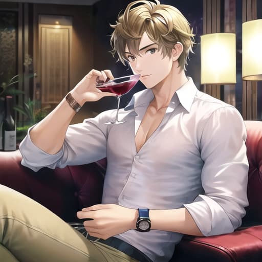  master piece , best quality,He's wearing a shirt, he's a calm, beautiful boy, he's drinking wine, he's in a hotel lounge, he's wearing a wristwatch, he's about to make a toast, he has five fingers.