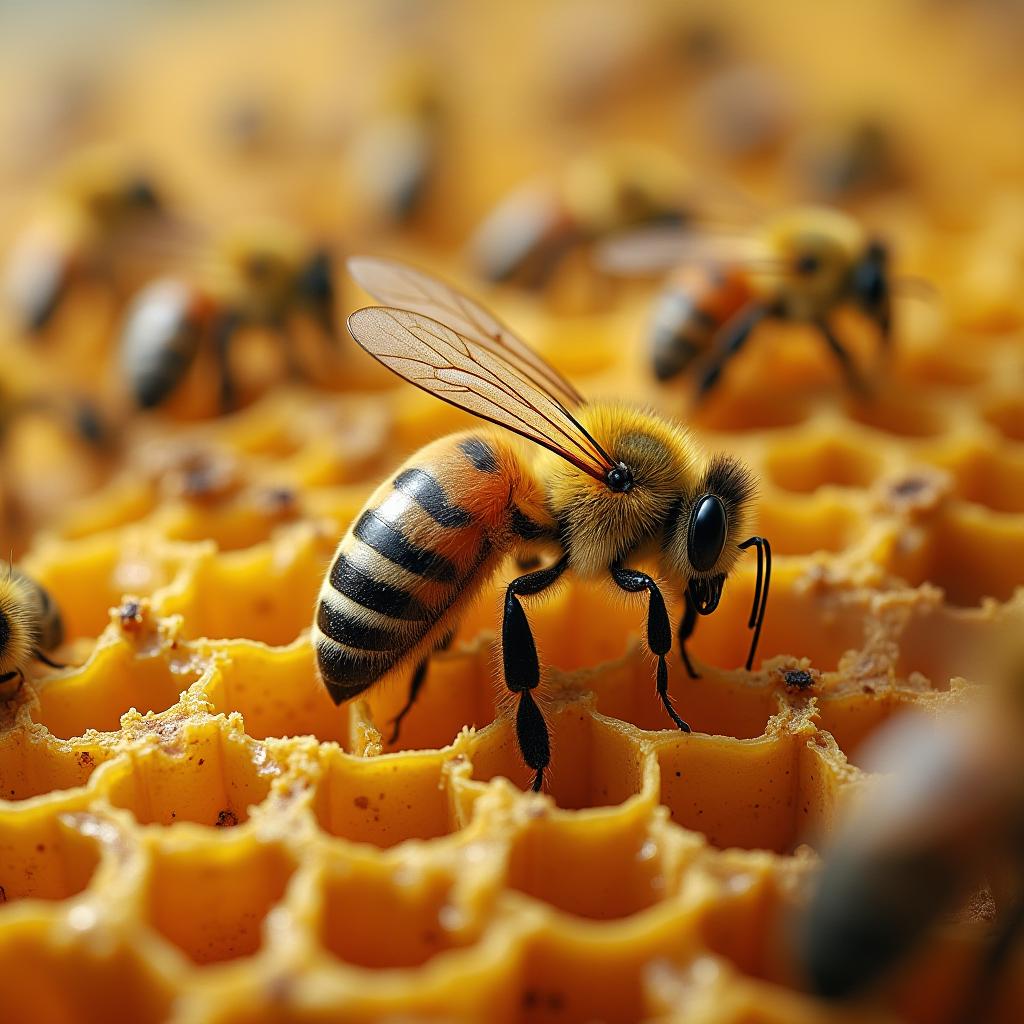  good quality, high quality, a close up view of a beehive with bees flying around it.