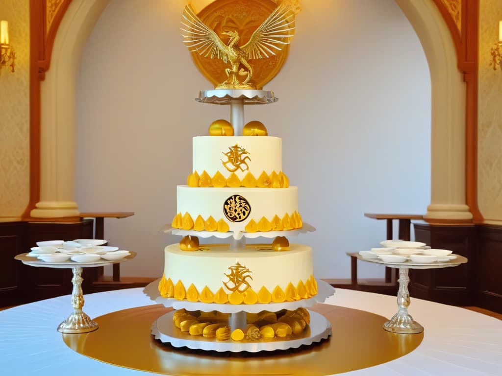  An ultradetailed illustration featuring a sleek, minimalistic design of a threetiered Game of Thronesthemed cake stand, adorned with intricate dragon motifs and medievalinspired patterns. The stand is crafted from polished silver, with each tier showcasing a different house sigil delicately embossed in gold accents. The background is a soft, blurred image of a grand banquet table set with an array of decadent desserts fit for a royal feast, enhancing the regal and opulent theme of the image. hyperrealistic, full body, detailed clothing, highly detailed, cinematic lighting, stunningly beautiful, intricate, sharp focus, f/1. 8, 85mm, (centered image composition), (professionally color graded), ((bright soft diffused light)), volumetric fog, trending on instagram, trending on tumblr, HDR 4K, 8K